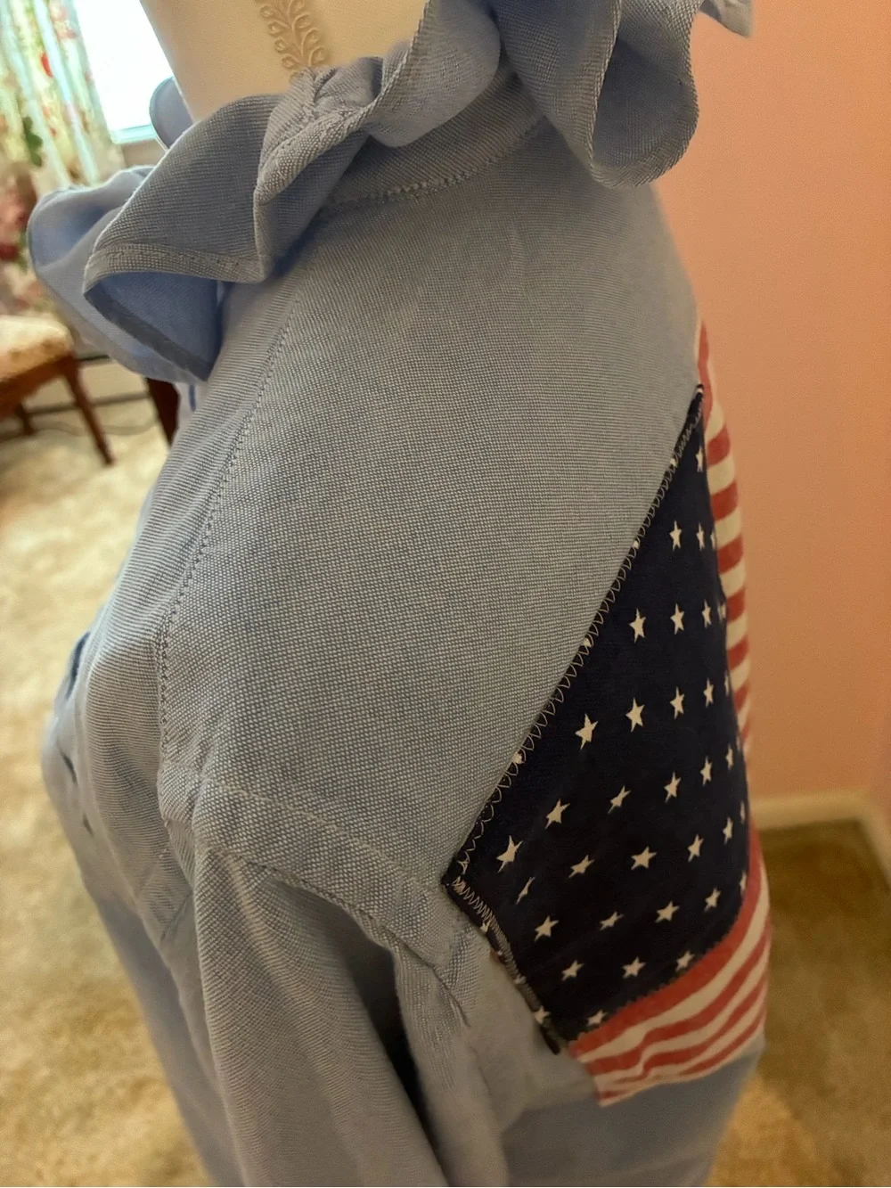 Re-worked up-cycled ruffled collar shirt 
Flag embellished - Picture 3 of 4